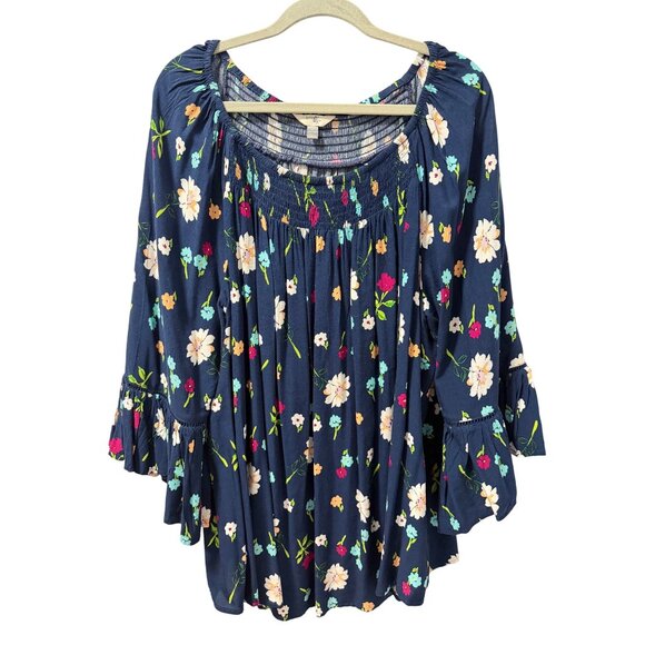 Terra & sky Floral Blue Rayon Peasant Top Smocked Bodice & Bell Sleeves Sz 1X - Picture 4 of 12